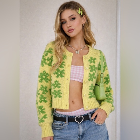 Zara Sweaters - Zara Lime Green Chunky Knit Floral Cardigan Sweater | Size Large